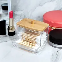 1Pcs Cotton Swab Holder, Cotton Swab Dispenser with Bamboo Lids,Bamboo Bathroom Storage Jars Storage Containers Clear Plastic 1