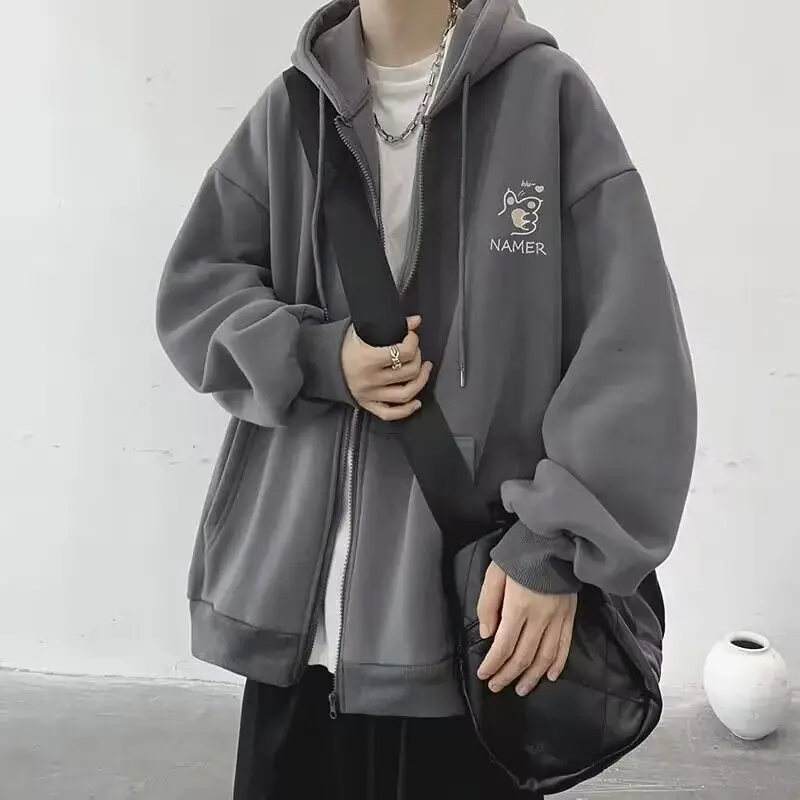 

Retro loose fit hip-hop trend men and women personalized cardigan hooded sweater couple casual long sleeved loose top harajuku