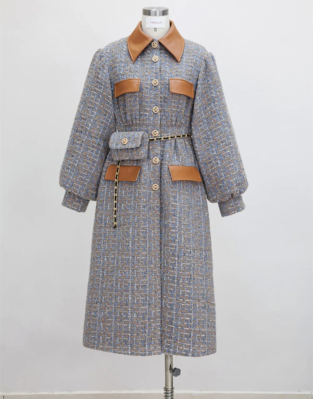 

Autumn Winter Elegant Women's High Quality Designer Lantern Sleeves Tweed Overcoat B619