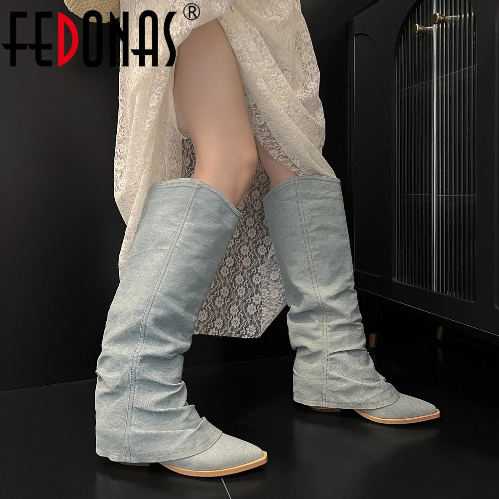 

FEDONAS Thick Heels Women Knee-High Boots Fashion Pointed Toe Pleated Autumn Winter Elegant Office Lady Party Shoes Woman New