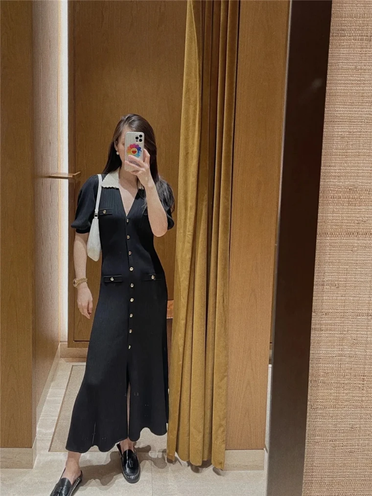 Autumn Elegant Knitted Dresses for Women Patchwork V-neck Puff Sleeve Single Breasted Midi Dress Fashion Ladies Vestidos Femme