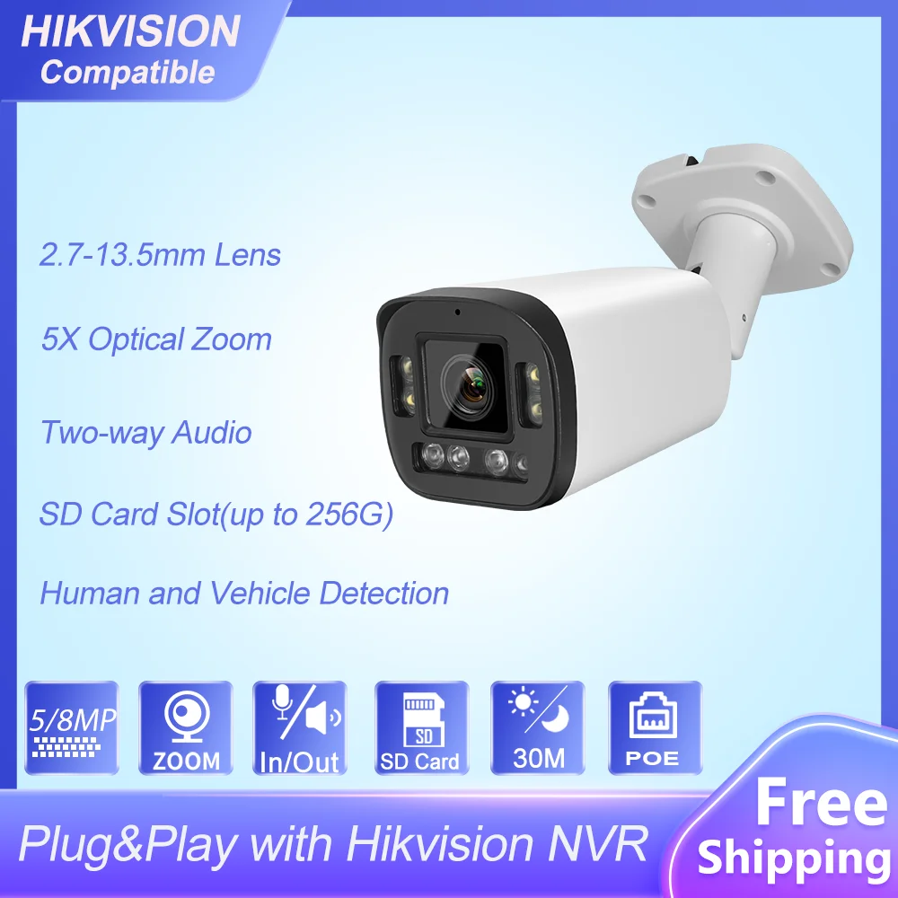 

HIK совместимая 5MP 8MP 5X оптический зум умная двойная стандартная цилиндрическая IP-камера с двухсторонним аудио слот для SD-карты камера видеонаблюдения