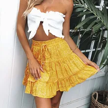  Women's Floral Print Mini Skirt Summer Boho Ladies Girls High Waist Drawstring Tiered Blue Beach Skirts Causal Short Skirts 