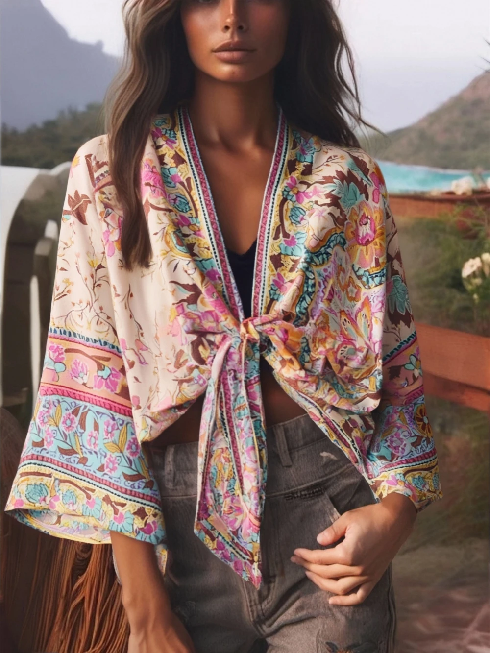 Vintage Peacock Floral Print Short Kimono Women Fashion Rayon Cotton Batwing Sleeves Ladies Beach Robe Bikini Boho Cover-ups 6