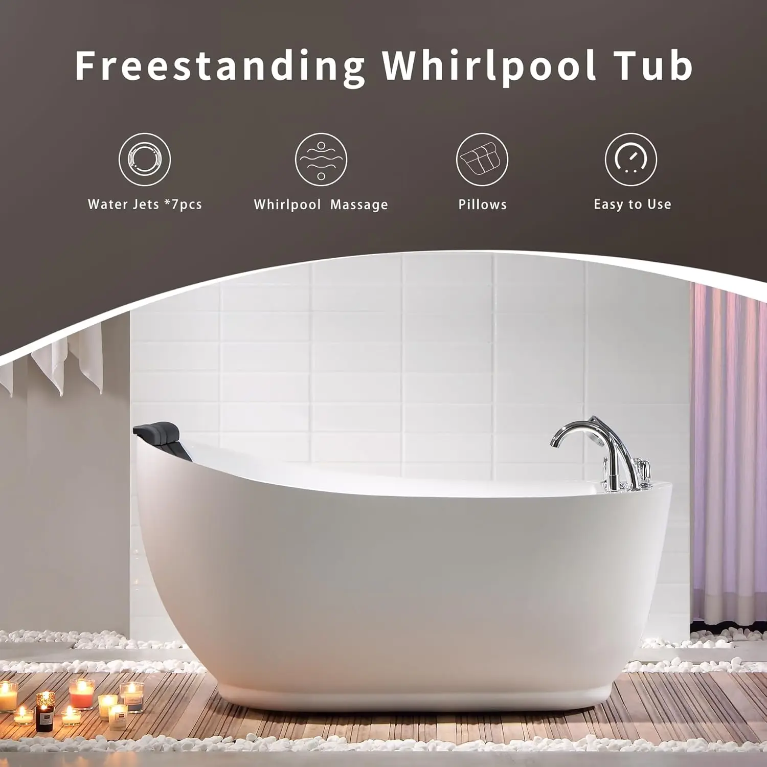 59-Inch Freestanding Whirlpool Bathtub with Hydromassage Water Jets Luxury Acrylic Massage SPA Soaking Bath Tub in White