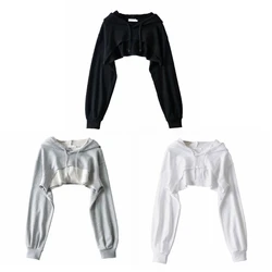 Women Fashion Long Sleeve Pullover Hoodies Crop Top Harajuku Solid Color Casual Loose Sexy Cutout Cropped drop shipping