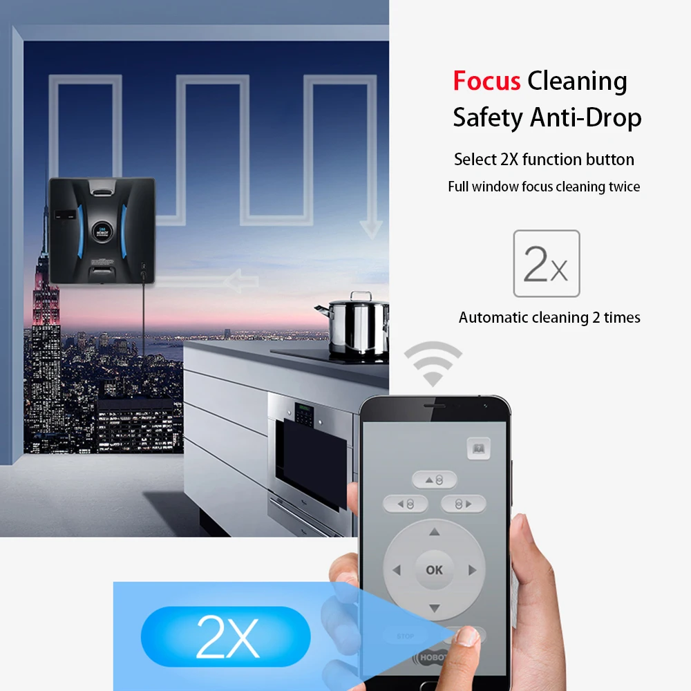 호봇 288 클린 스마트 워터 스프레이 전기 창문 청소기 자동 유리창 청소 로봇 앱 원격 제어 포함