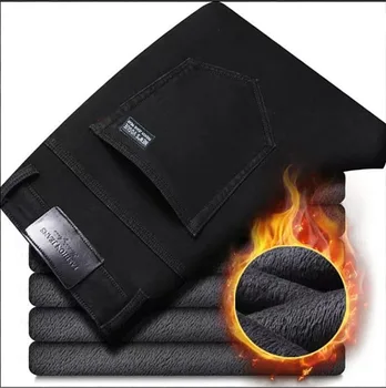 Alternative view of Winter Men Black Straight Stretch Denim Thick Velvet Pants Warm Jeans Casual Fleece Line Trousers Male Plus Size