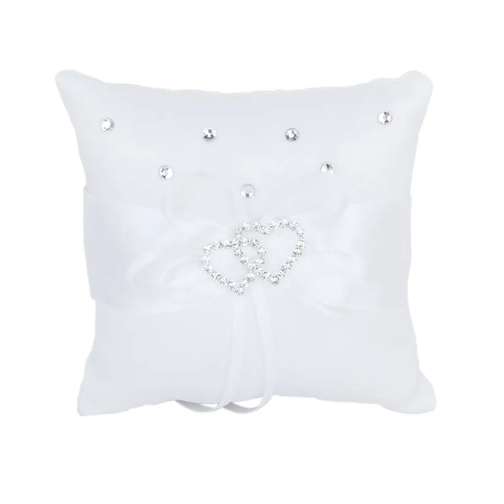 White Double Heart Rhinestone Ring Pillow Wedding Ring Bearer Cushion cheap white lace wedding decoration ring pillow coussin alliance bridal ring bearer pillow cushions wedding marriage ceremony