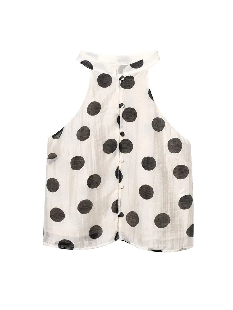 TFMLN Women's Polka Dot Shorts Suit Summer Casual Halterneck Sleeveless Button Top Back Zipper Wide Leg  Shorts Fashion Outfits