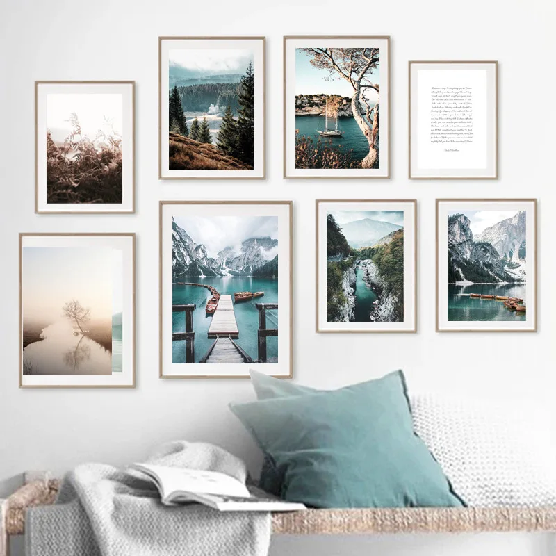 

Modern Landscape Canvas Painting Bridge Boat Green Lake Mountains Poster Home Living Room Sofa Bedroom Background Wall Decor