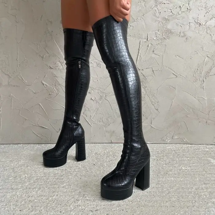 

Женские модные сапоги выше колена на высоком каблуке и платформе с узором камней черные кожаные облегающие сапоги стрейч для женщин Botas Femininas