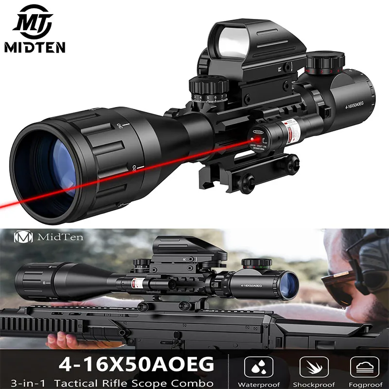 MidTen 4-16x50 AO Tactical Rifle Scope Dual Illuminated Rangefinder Optics 4 Holographic Reticle Red Dot Laser Sight