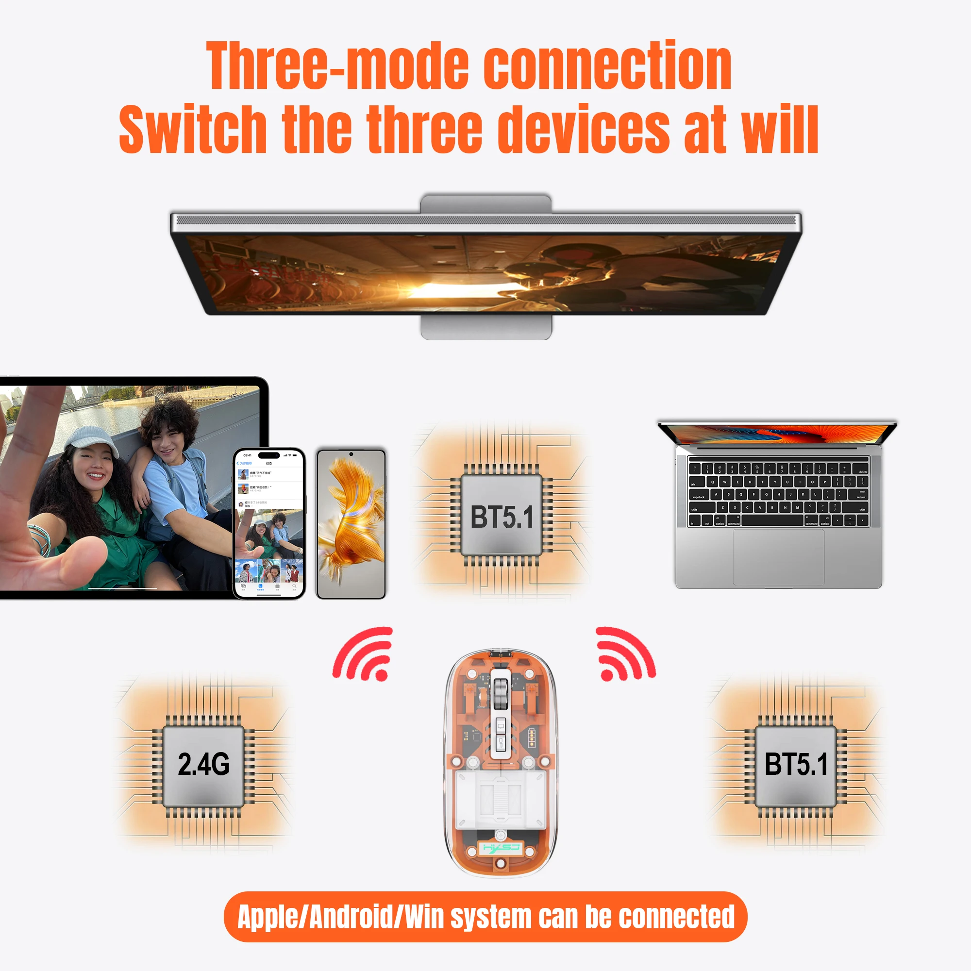 3 Modes Wireless Bluetooth Transparent Mouse 2.4G USB 2400DPI Adjustable Rechargeable Battery Display Mice for ipad Mipad Laptop