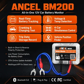 ANCEL BM200 Monitor per Batteria Auto 12V, Monitoraggio Wireless Bluetooth 4.2 per Android e iOS, Strumento di Test Batteria