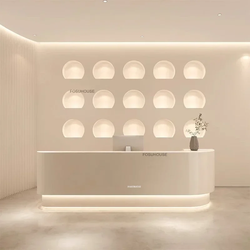 Nordic Curved Paint Reception Desks Wooden Cashier Modern Office Furniture Company Bar Front Desk Beauty Salon Reception Counter