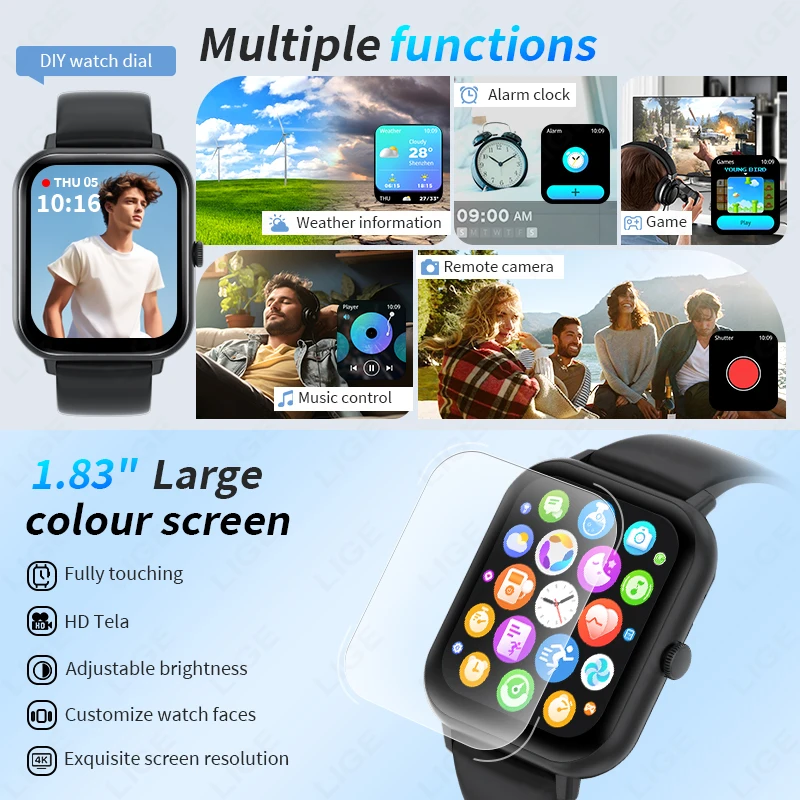 LIGE 2025 New GPS Tracker Smart Watch 1.83" HD Screen 100+ Sports Bluetooth Call Waterproof Sports Health Smartwatch Men Women