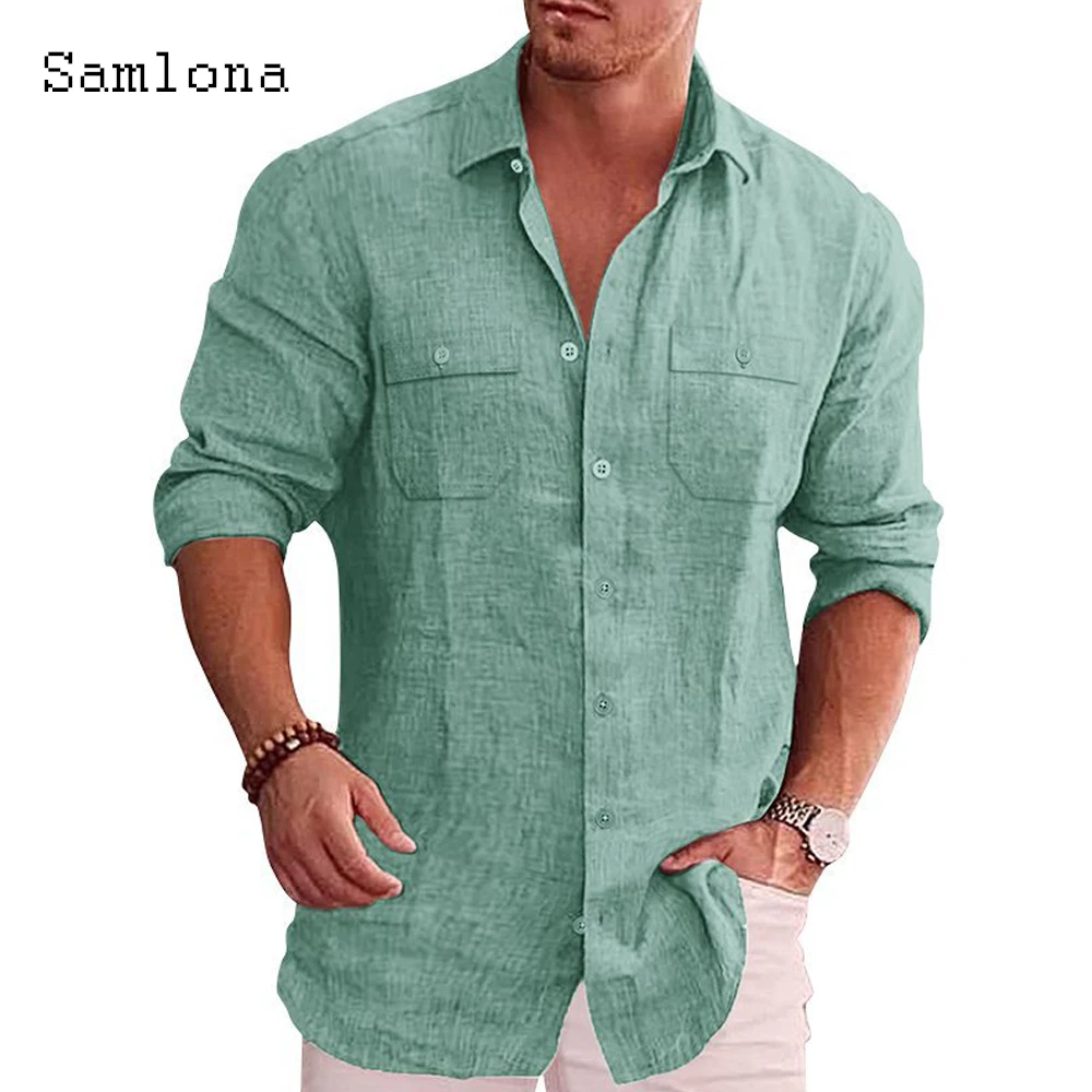 Camisas de lino talla grande 3xl para hombre, ropa de moda, Tops de un solo pecho, camisa playa informal, Blusa de manga larga con diseño de bolsillo, 2022| | - AliExpress