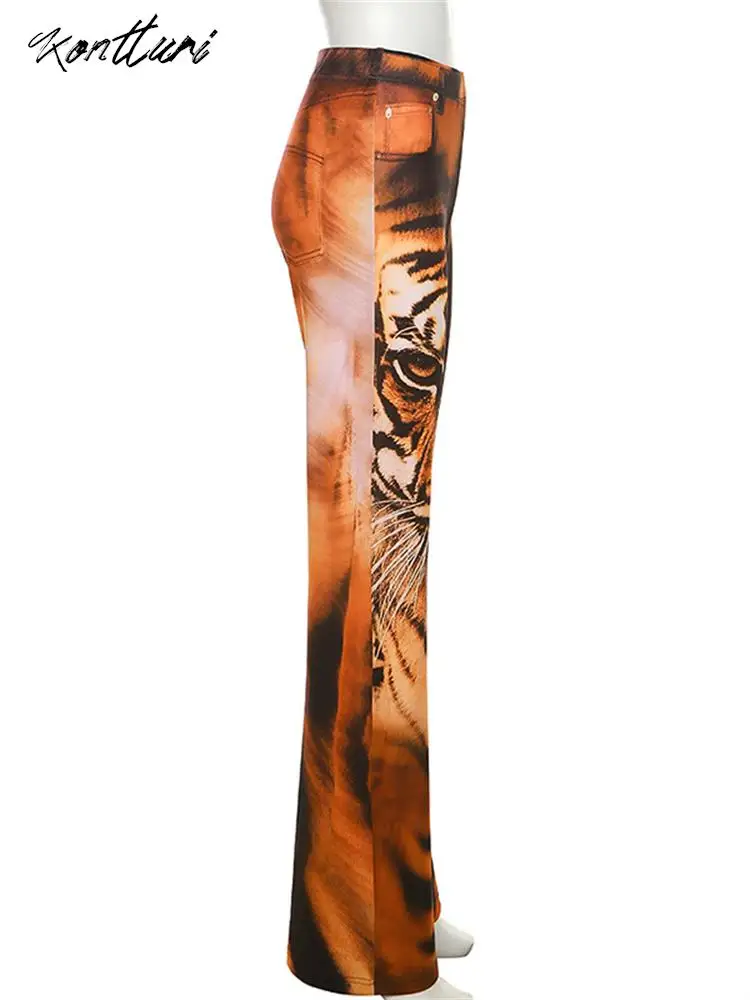Kontturi Casual Tiger 3D Print Pants For Women 2023 Fashion Graphic Sweatpants Streetwear Outfits Black High Waist Flare Pants