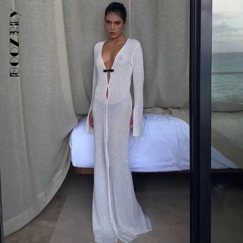 

BoozRey Fashion Elegant Sexy Women V Neck Long Sleeve Beach 2022 Summer Maxi Dresses Party Holiday Hollow Out Long Dress Women