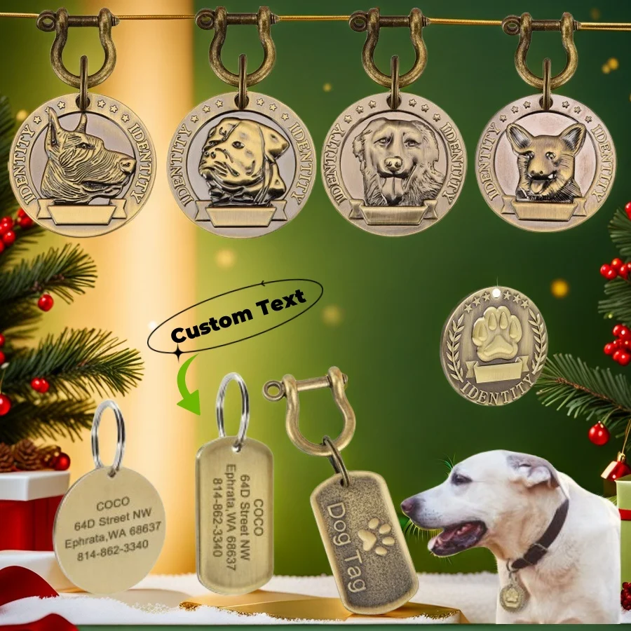 Pet ID Tags Customizable Engraved Pets ID Tag for Dog Cat Bronze Nameplate Tags Personalized Anti-lost Address Number Dogs Collar ID Pendant