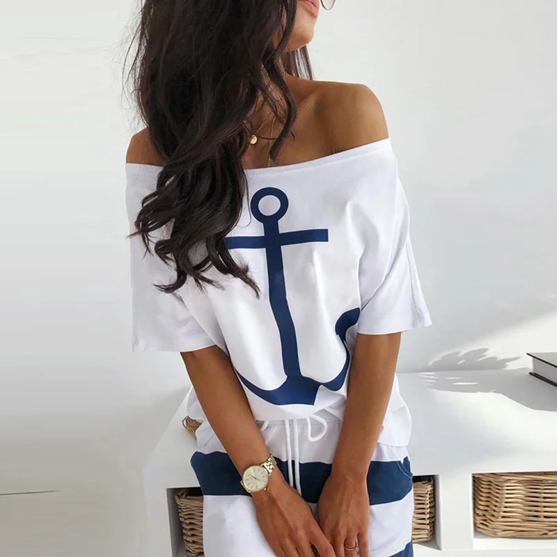 Casual Dress Suit Women Fashion Letter Printed Striped Skirt Two Pieces Sets Boat Anchor Print Off Shoulder T-Shirt Skirt Set 4