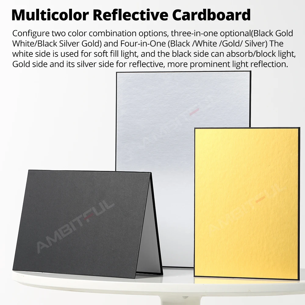 AMBITFUL 21cm * 29cm 29cm*42cm Reflector Black Silver White Gold Background Paper Thick Folding Board for Studio Shooting Props