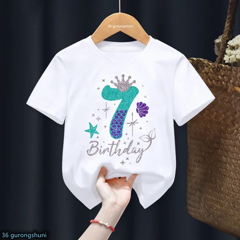 thumbnail image 1 of Bonita camiseta de algodón para niña, regalo de sexto cumpleaños, camiseta con estampado de corona de princesa sirena, camisetas blancas Harajuku Kawaii, 1 of 5