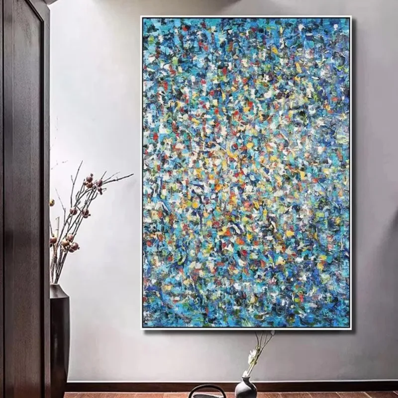 Dipinto a Olio Astratto Blu Fatto a Mano su Tela Design Semplice e Disordinato Arte da Parete per Decorazione Soggiorno - immagine 2