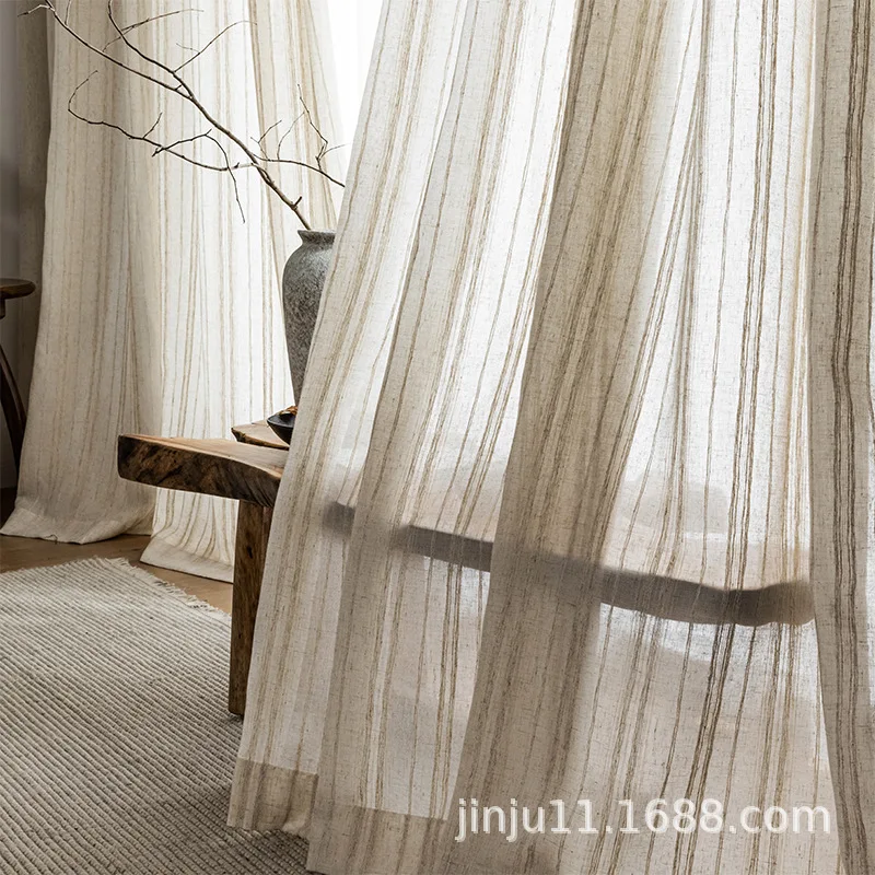 Pure Linen Window Screen Retro Cotton Nordic Famous Stripes Simple Kitchen Bedroom Living Room Sheer Curtains |