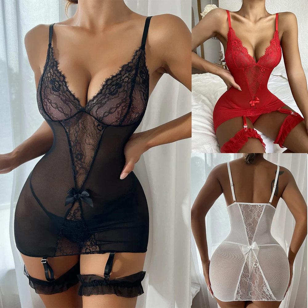 

Ladies Sexy Lingerie Sleepwear Women Red Black Lace Nightie Gown Babydoll Underwear Garter Belt Mesh Sexy Costume Nightwear