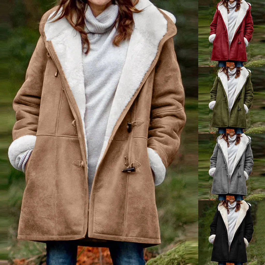 Winter Plus Long Sleeve Jacket Solid Buckle Pocket Winter Velvet Fleece Coat Korean  High Quality  Drawstring Blazer Female