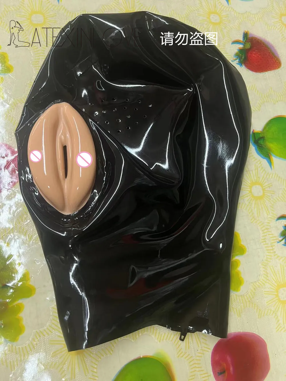 Sexy Fetish Natural Latex Mask Hood Vagina Pinhole Eye Mesh with Real Zip latex mask
