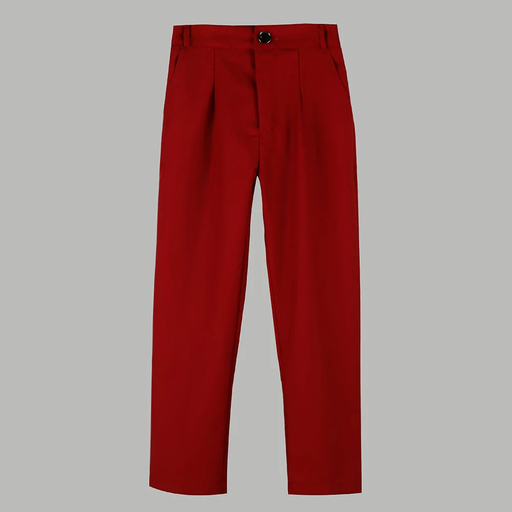 Children Plaid Pants Spring Autumn Boy Performance Long Pants Student Piano Dress Semi Elastic Waist Burgundy Trousers