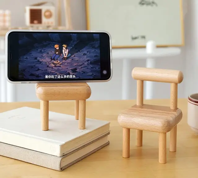 Cute Mini Chair Phone Holder, Card Display Wooden Stand for Desk