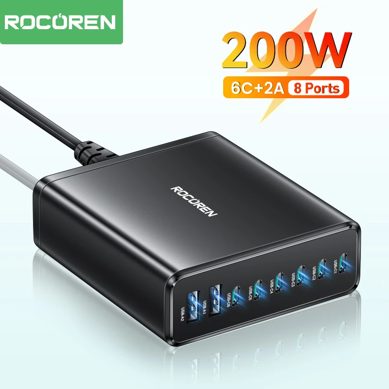 Rocoren USB C타입 고속 충전기, 데스크탑 PD 고속 충전 파워 스테이션, 아이폰 15 프로 맥스, 삼성용, 200W 다중 8 포트 