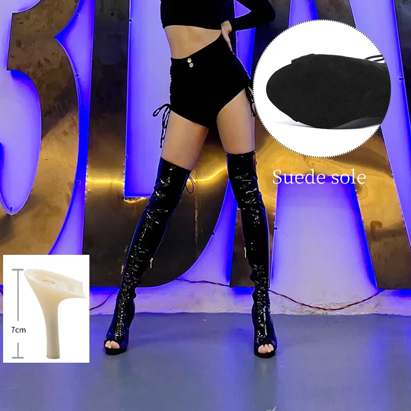 Swdzm ג 'אז ריקוד ריקוד עקבים גבוהים בחזרה רצועות גב פתוח-בוהן פתוח-בוהן נעלי עור פטנט מגפיים ג' אז ריקוד מעל הברך