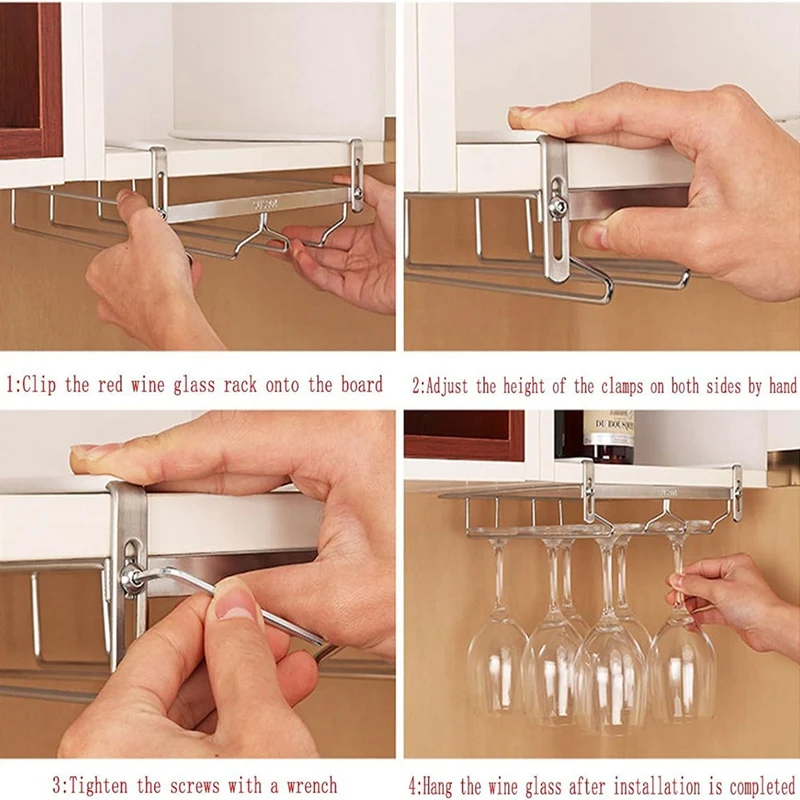 Adjustable Wine Glass Organizer Wine Glass Holder Under Cabinet No Drilling For Bar 34Cm (1 PCS)