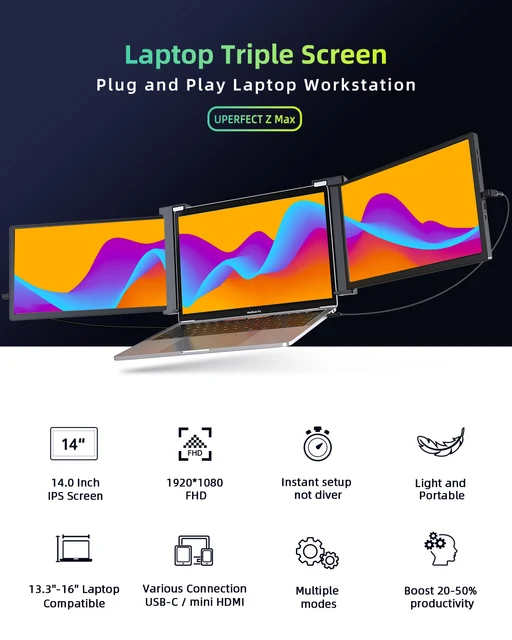 Universal - 14 pouces triple écran portable prend en charge HDR plug - and  - play 1080p IPS double écran extender avec support rétractable - Moniteur  PC - Rue du Commerce