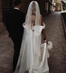 Long Pearl Tulle Wedding Veil with Comb White Bridal Accessories 300cm Soft Wedding Veils Ivory Customize