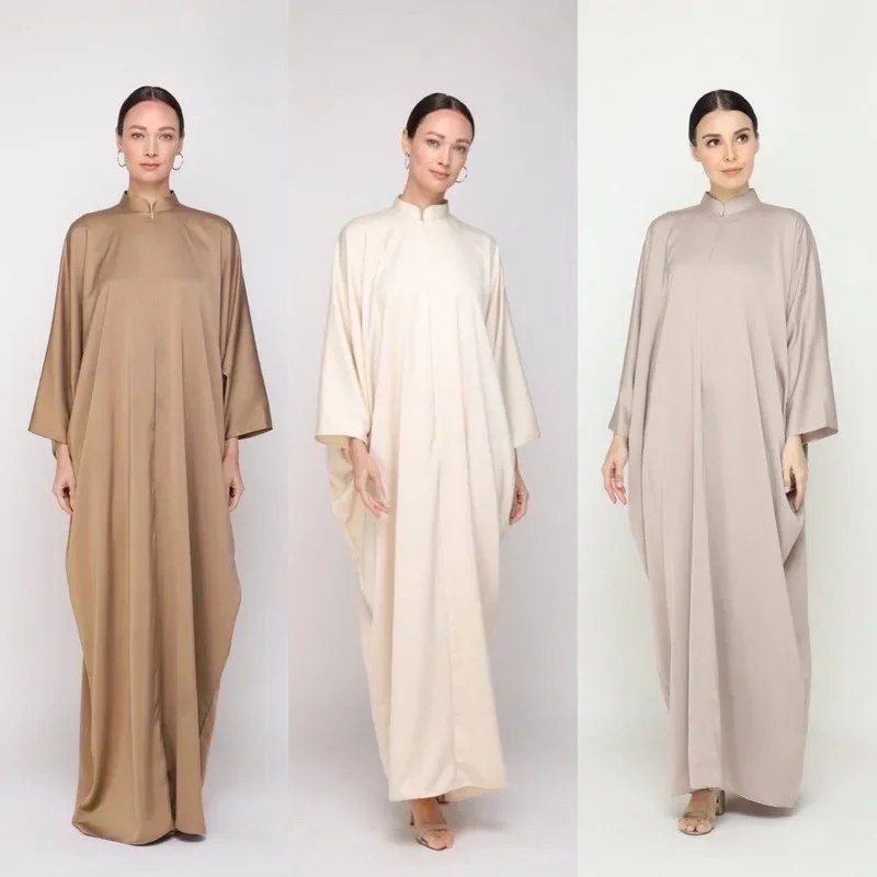 

Muslim Dress Solid Color Standing Neck Bat Sleeve Middle East Dubai Loose Large Gown Abayas for Women Kaftan Femme Musulman