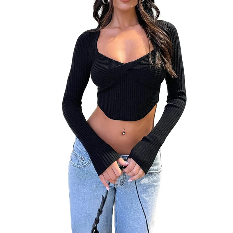 

Fashion Knit Cropped Tops Women's Solid Color Long Sleeve Sweetheart Collar Skinny Sexy Tops Spring Fall Club Streetwear