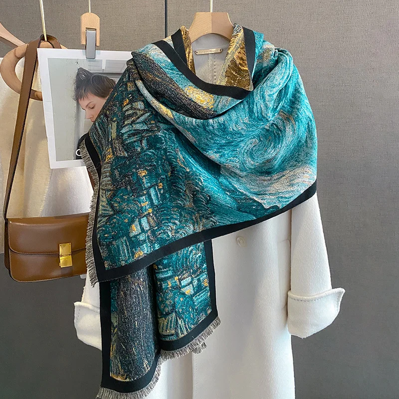 

Women Fashion Starry Sky Painting Cashmere Scarf Luxury Brand Winter Thick Warm Shawl Pashmina Outerwear Cloak Blanket Scarves