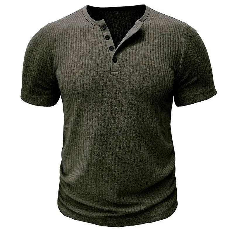 Men s Solid Color Ribbed Muscle Henley Shirt Short Sleeve T-Shirt for Workout Training Fitness Gym Tops Casual Wear 5