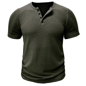 Men s Solid Color Ribbed Muscle Henley Shirt Short Sleeve T-Shirt for Workout Training Fitness Gym Tops Casual Wear 5