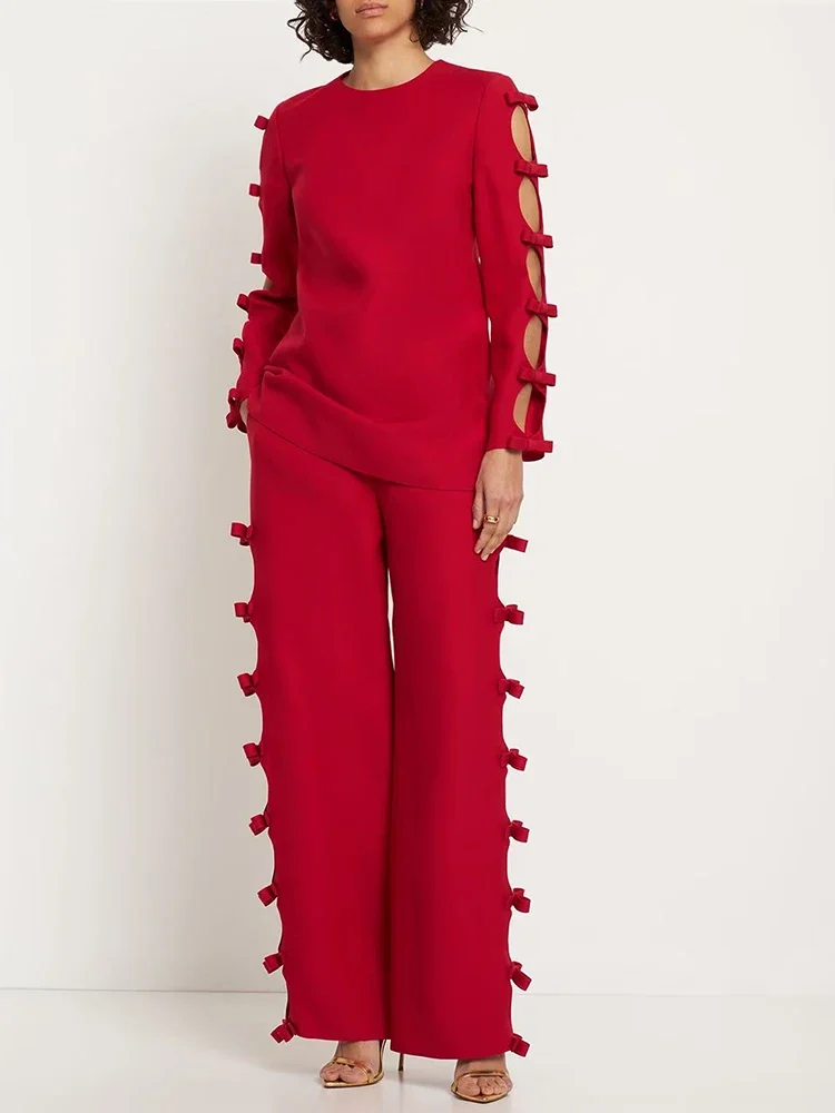 

HIGH STREET Newest 2024 Designer Suit Set Women's Long Sleeve Hollow Out Bow Blouse Tops Straight Pants Set 2pcs