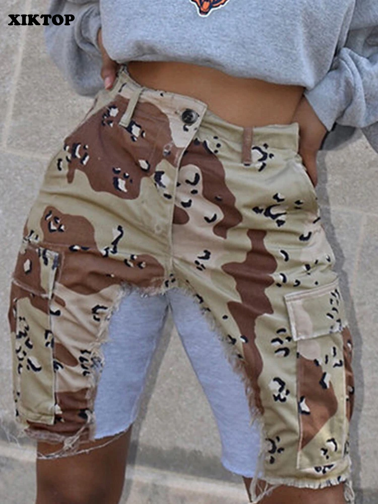 

XIKTOP Camouflage Patchwork Shorts Women Summer Fashion Pockets Streetwear Vintage Straight Cargo Pants 90s Trousers Basic