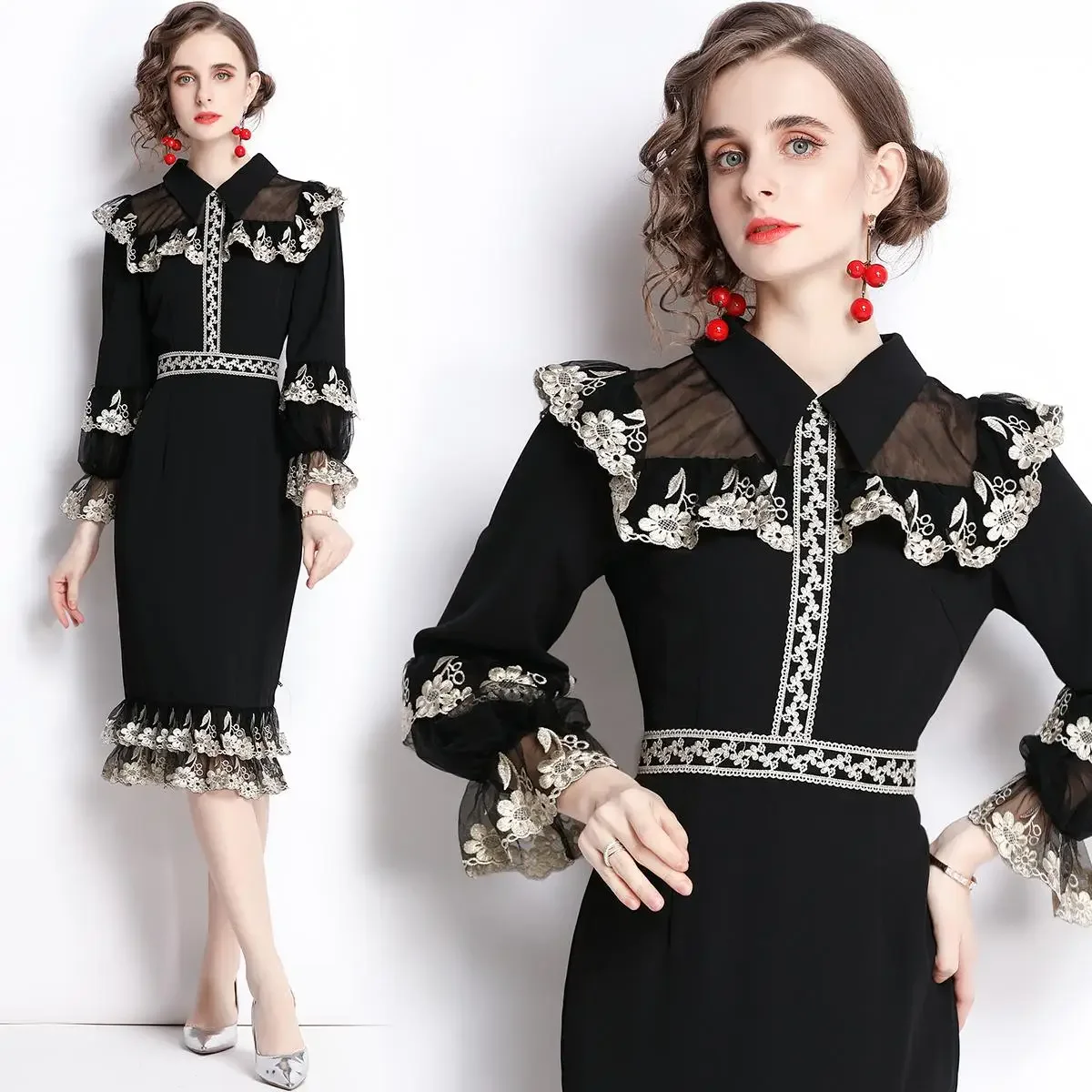 

New 2021 Autumn Fashion Runway Mermaid Dress Women's Flare Sleeve Elegant Floral Embroidery Mesh Patchwork Midi Dresses Vestidos