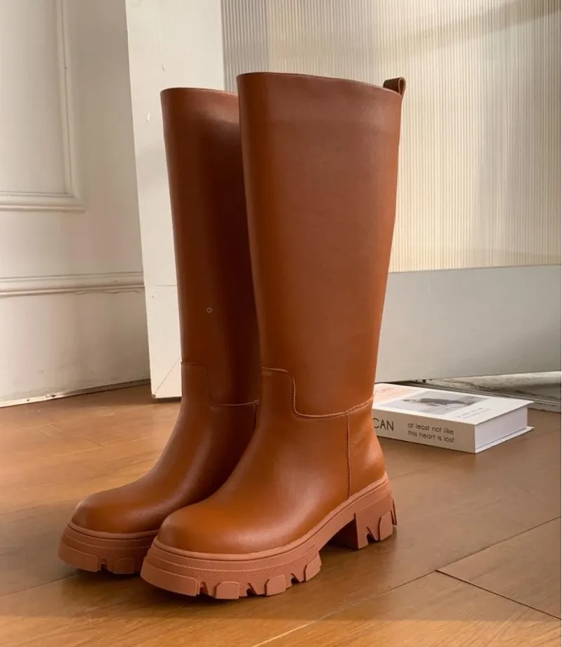 

Thick Square Heel Shoes Slip On Platform Shoes Cow Split Leather Women High Boots Size 40 Platforma Boots Round Toe Women's