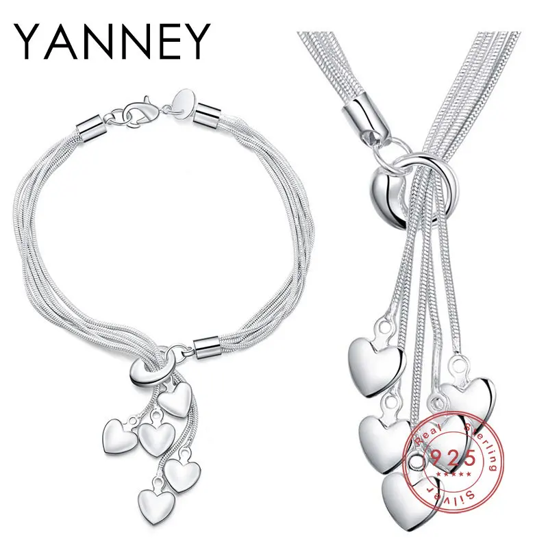 YANNEY 925 Sterling Silver Sweet Heart Bracelet Necklace Set For Women Fashion Charm Wedding Engagement Jewelry Set 1